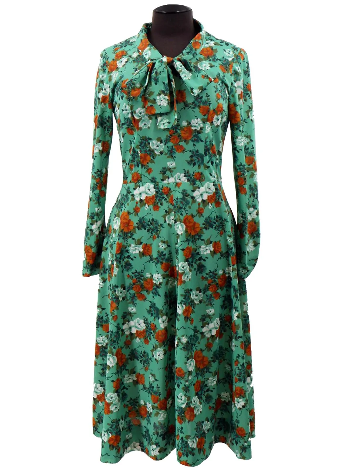 1960s Vintage Green Floral Pussybow Dress