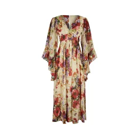 1970s Angel Sleeve Poppy Print Cotton Maxi Dress