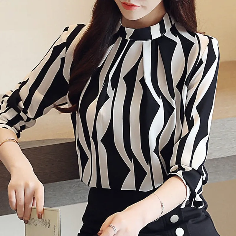 2022 Striped Long Sleeve Chiffon Blouse Shirt