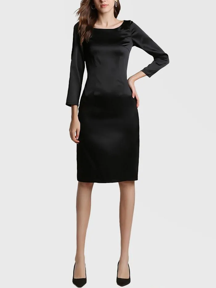 22 Momme Elegant Long Sleeve Boat Neck Midi Silk  Work Dress