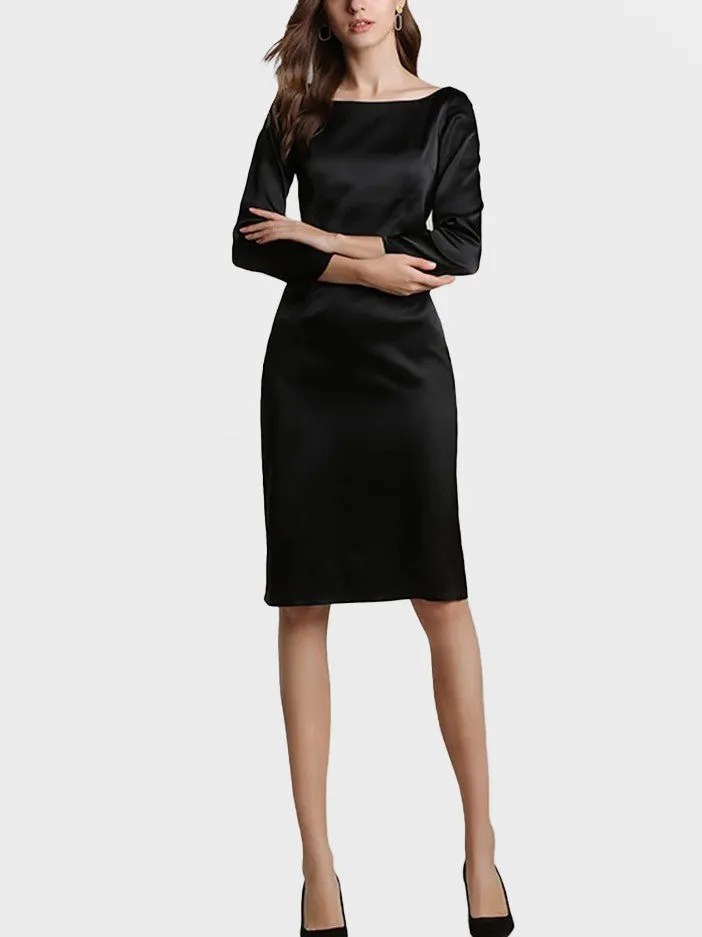 22 Momme Elegant Long Sleeve Boat Neck Midi Silk  Work Dress