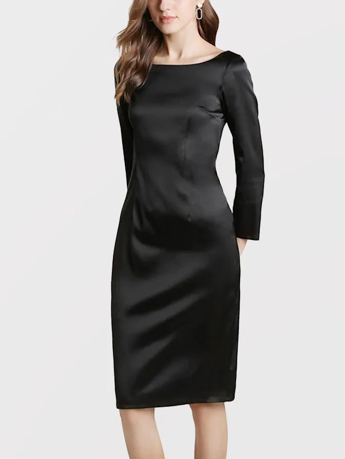 22 Momme Elegant Long Sleeve Boat Neck Midi Silk  Work Dress