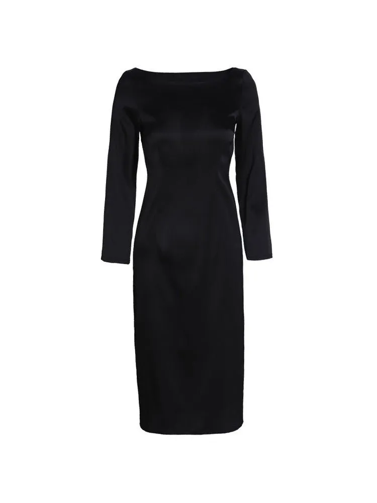 22 Momme Elegant Long Sleeve Boat Neck Midi Silk  Work Dress