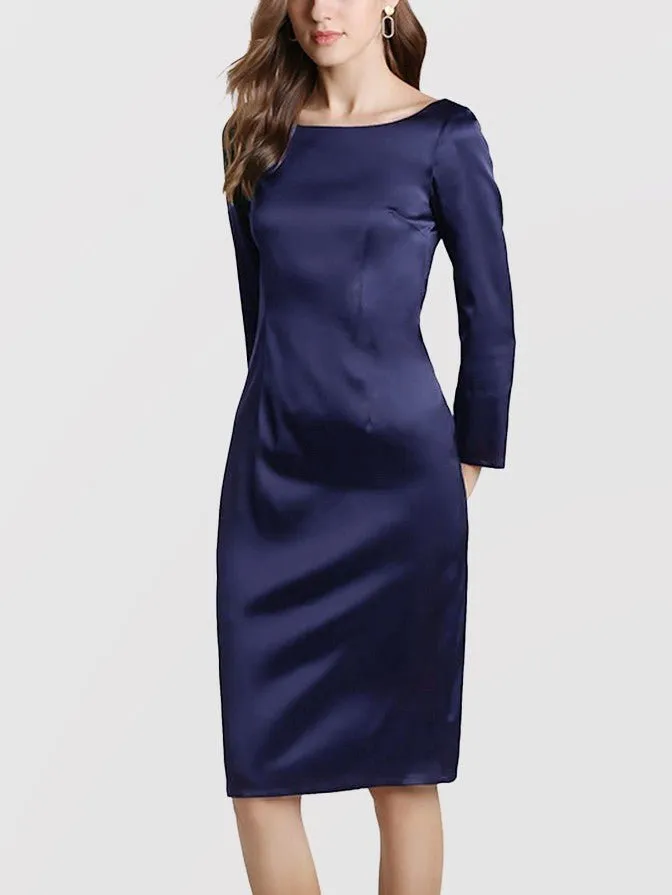 22 Momme Elegant Long Sleeve Boat Neck Midi Silk  Work Dress