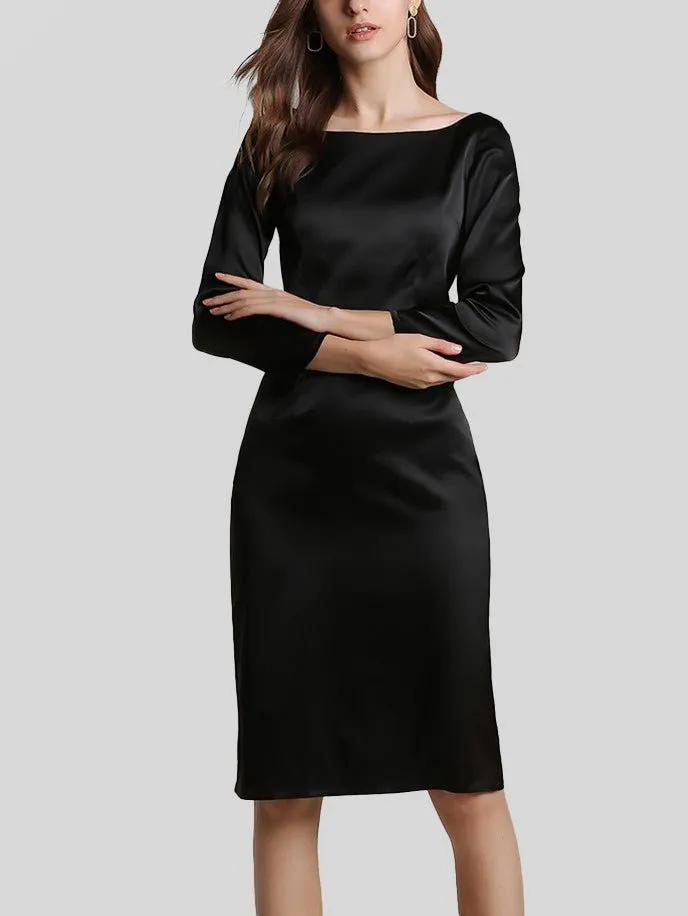 22 Momme Elegant Long Sleeve Boat Neck Midi Silk  Work Dress