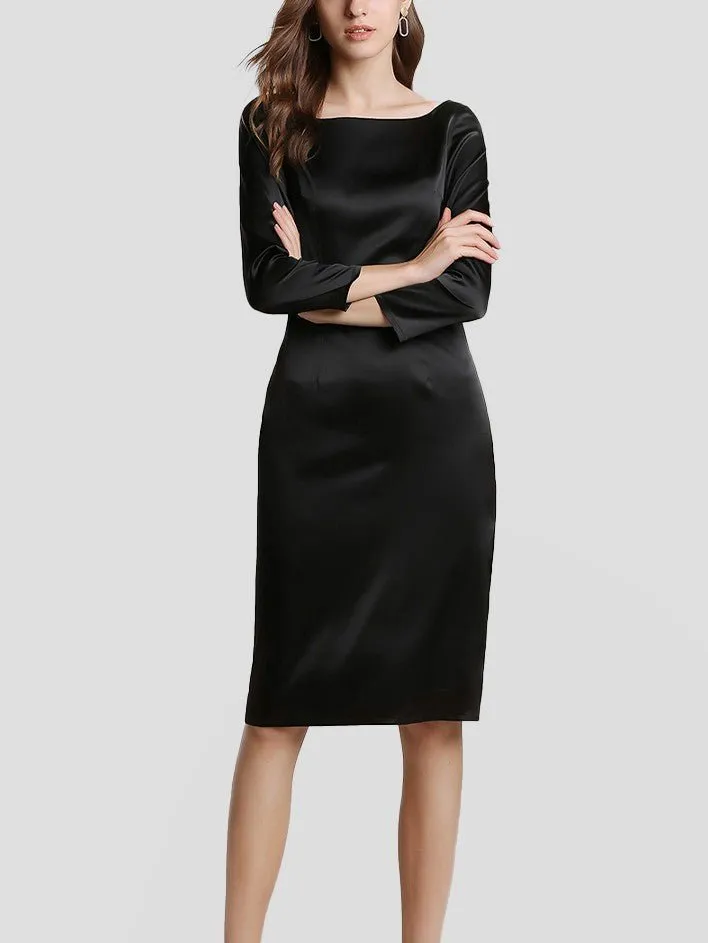 22 Momme Elegant Long Sleeve Boat Neck Midi Silk  Work Dress