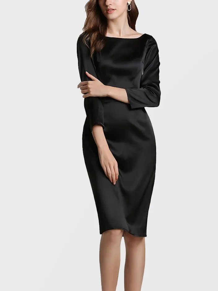 22 Momme Elegant Long Sleeve Boat Neck Midi Silk  Work Dress