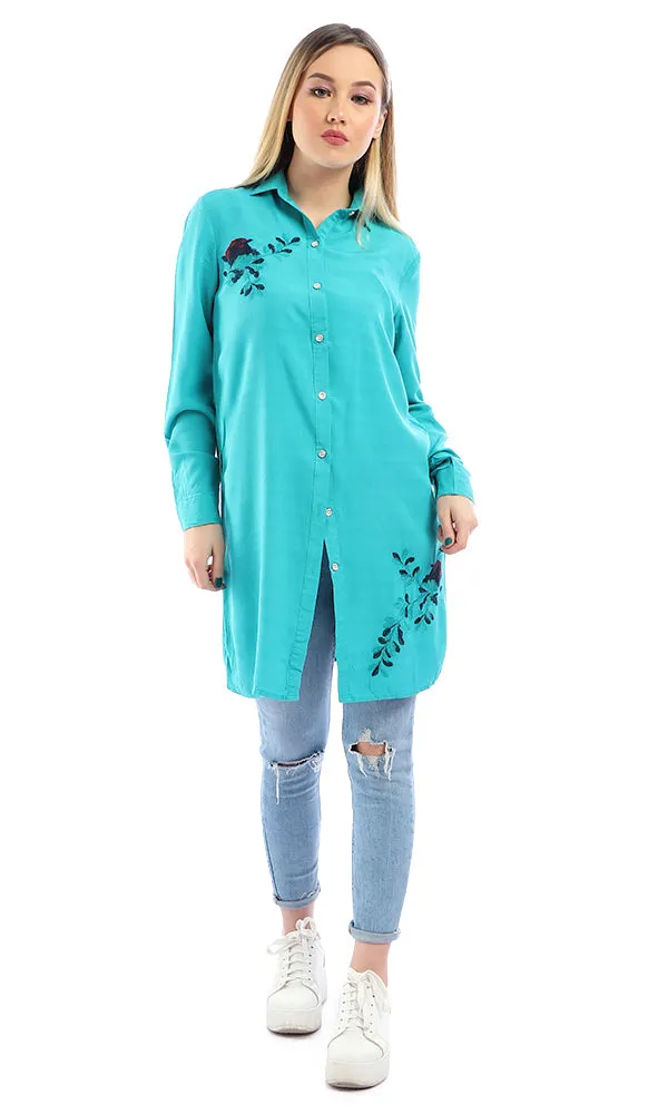 48962 Embroidered Flower Long Sleeves Buttoned Teal Green Shirt