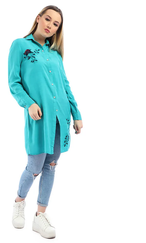 48962 Embroidered Flower Long Sleeves Buttoned Teal Green Shirt