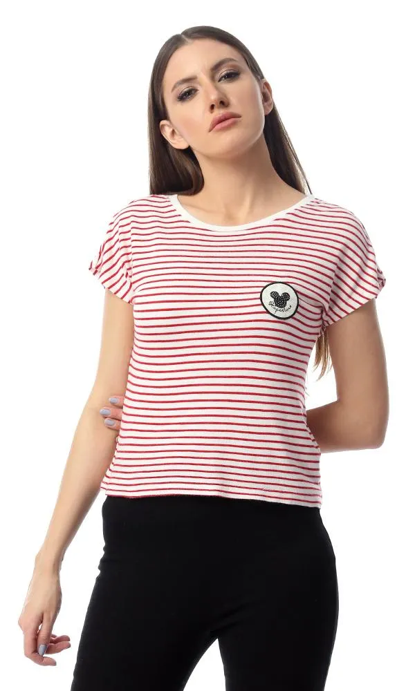 53677 Striped Short Sleeves Red & White Fluffy Top