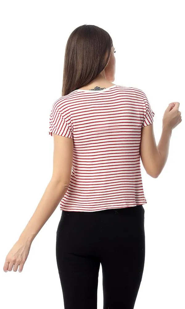 53677 Striped Short Sleeves Red & White Fluffy Top