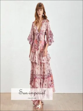 Albi Dress - Floral V Neck Maxi Dress Ruffle Half Sleeve Open back