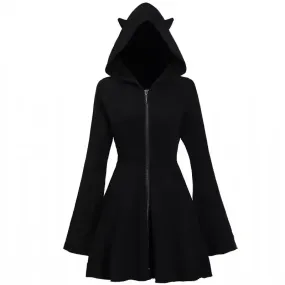 Autumn Gothic Harajuku Goth Dark Black Hooded Dress with Ears Korean Style Zip Kpop Wrap Mini Short Dresses