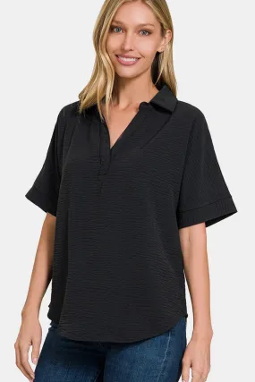 Black Texture Collared Neck Shirt (S - 3X)