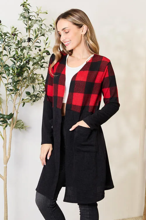 Black/Red Plaid Open Front Cardigan