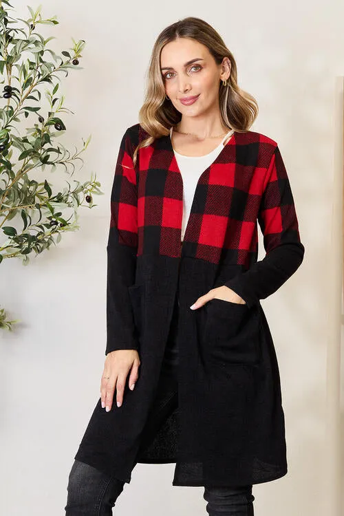 Black/Red Plaid Open Front Cardigan