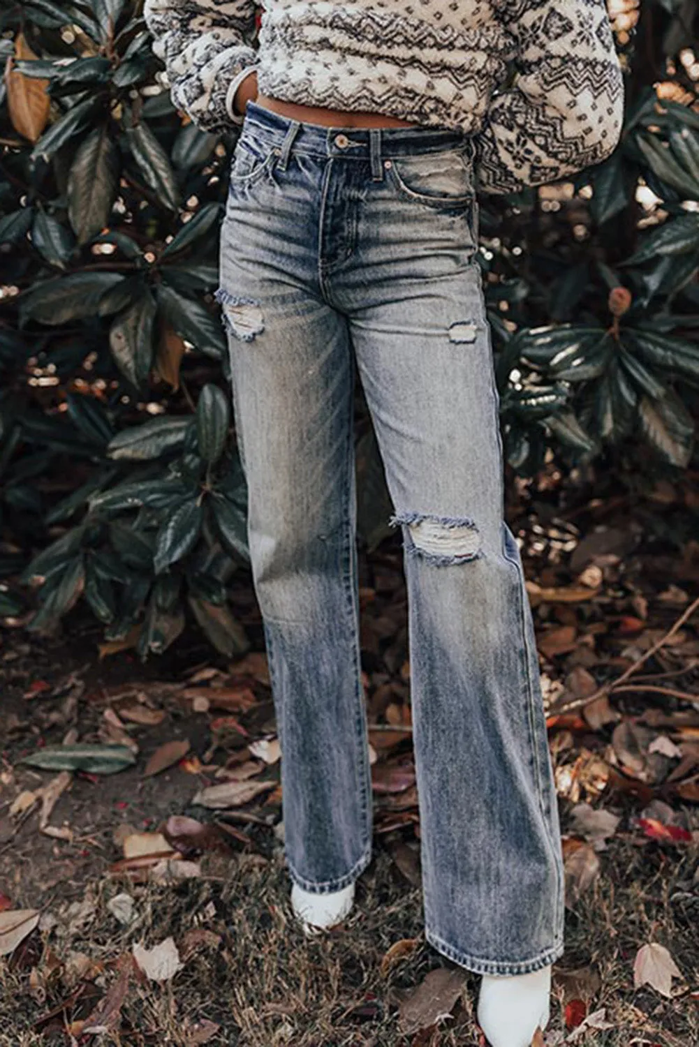 Blue High Waist Distressed Straight Leg Washed Jeans