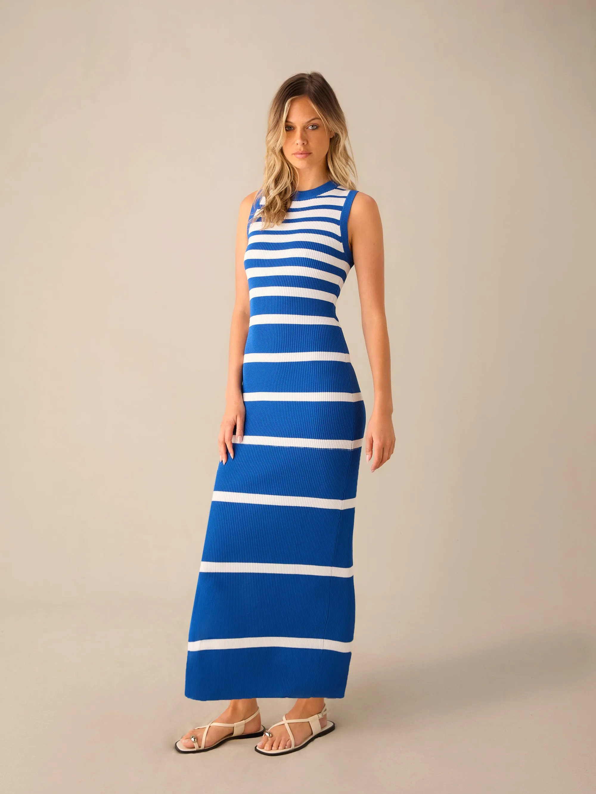 Blue Stripe Sleeveless Knitted Dress