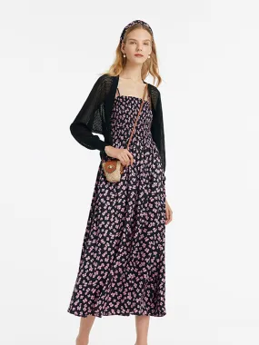 Bowknot Printed Spaghetti Strap Maxi Dress And Knitted Cardigan Two-Piece Set With Scrunchie