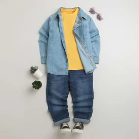 Boys Full Sleeve Denim Shirts & Round Nec Tee With Denim Pant Set