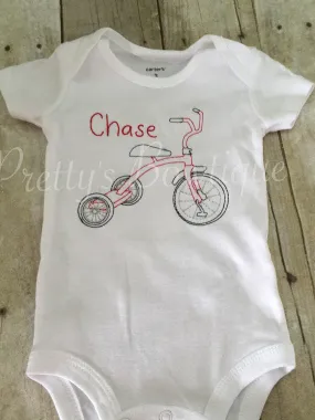 Boys Vintage Stitch Tricycle Shirt -- Little Red Tricycle Embroiderd Shirt or Body suit Personalized