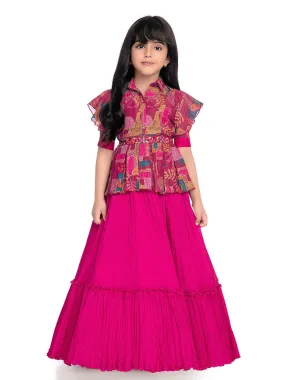 Collar Style Gown For Girls / Position Print Ethnic Gowns Online / Rani Coloured Floral Dress For Girls