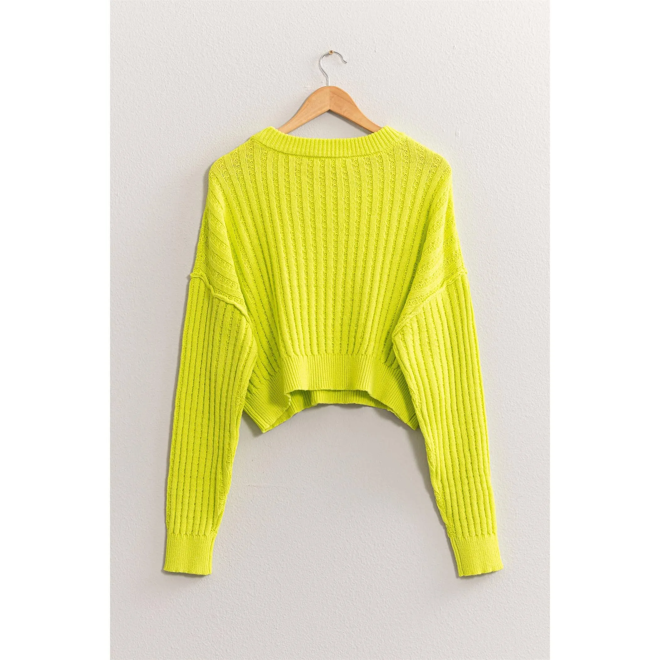 CROPPED RIBBED LONG SLEEVE KNIT SWEATER