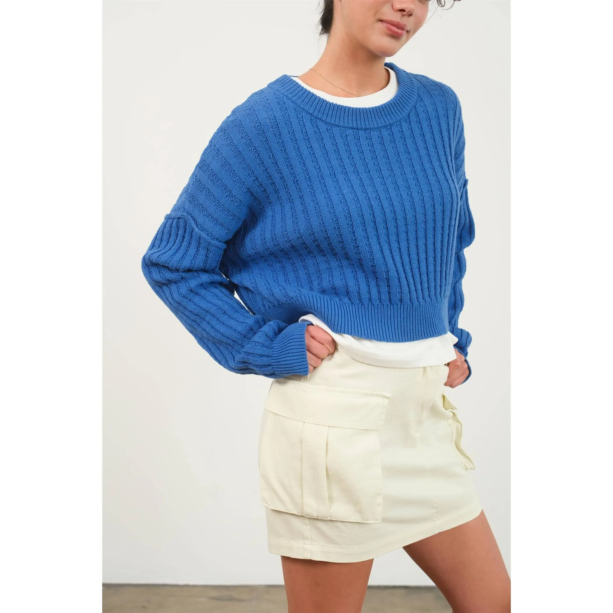 CROPPED RIBBED LONG SLEEVE KNIT SWEATER