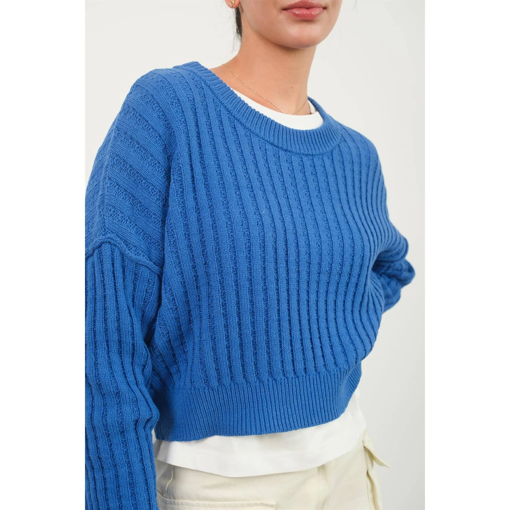 CROPPED RIBBED LONG SLEEVE KNIT SWEATER