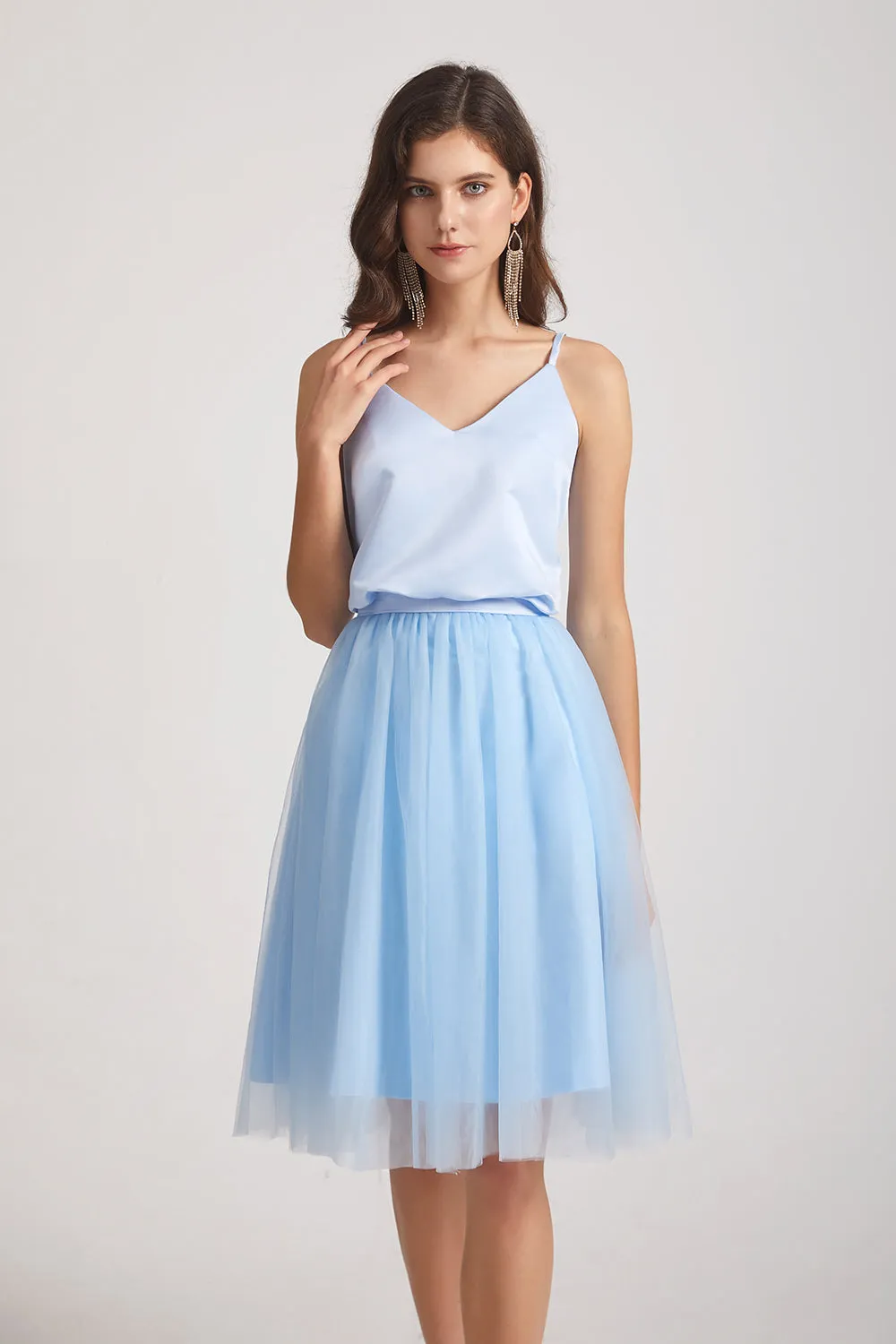 Cute V-Neck Satin Top Tulle Skirt Short Dress (AF0147)