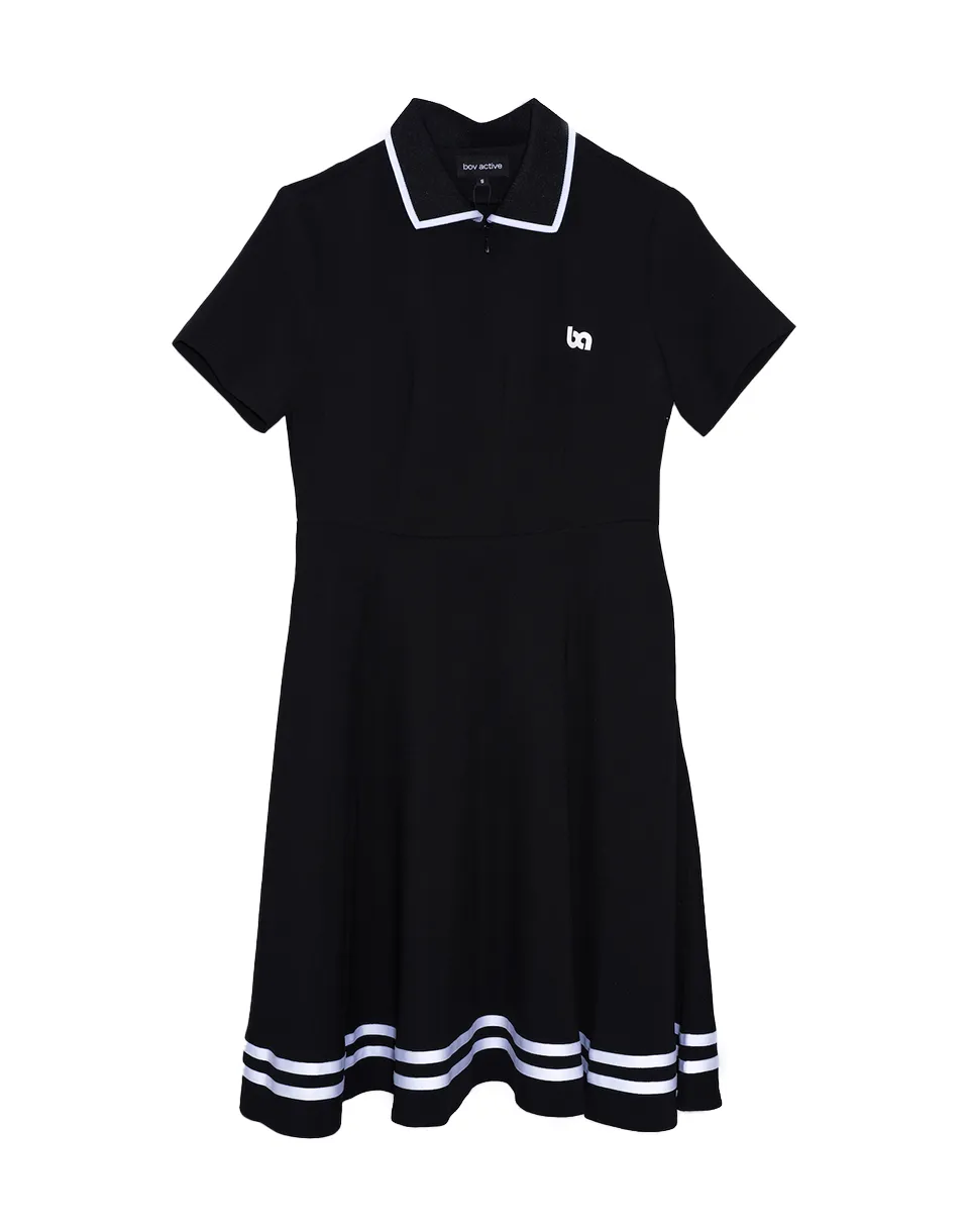 Front Zip Polo Dress - Black & White