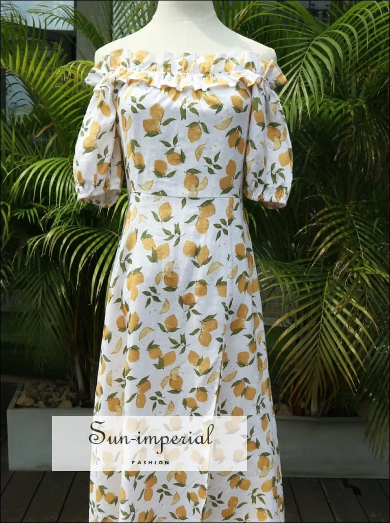 Lemon Print Women Dress Summer Vintage Ruffle off the Shoulder Neck R Sun Dress