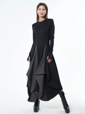 Long Dress With Draping and Thumbhole Sleeves