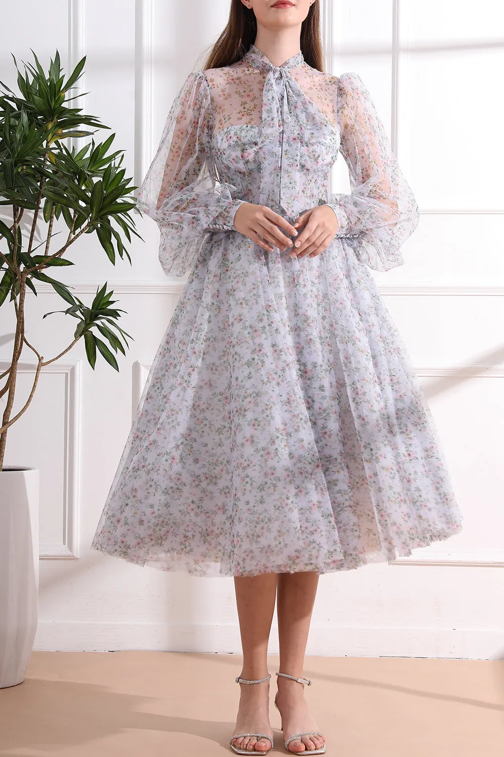 Long Sleeves Illusion Corset Lavender Floral Dress