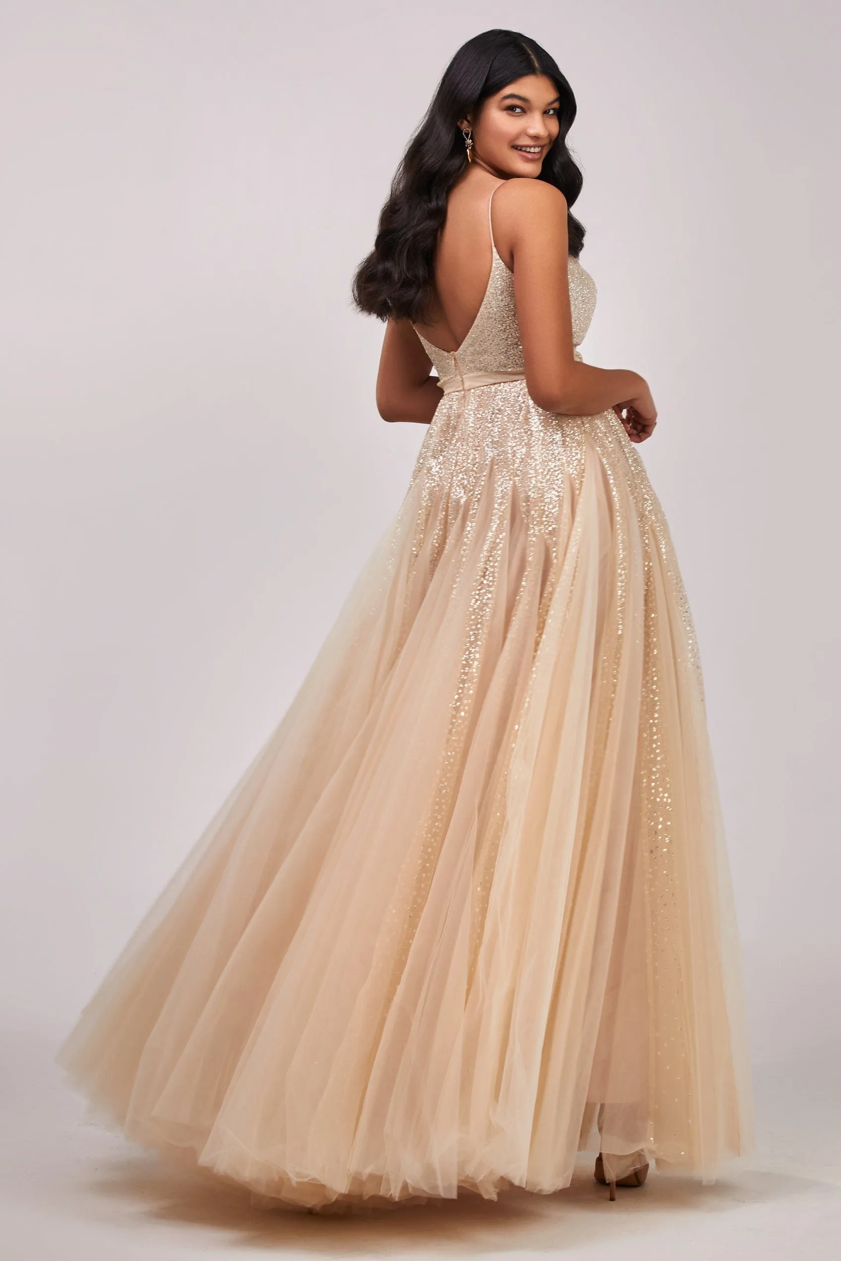 Melon Fitted maxi tulle dress sprinkled with glitter