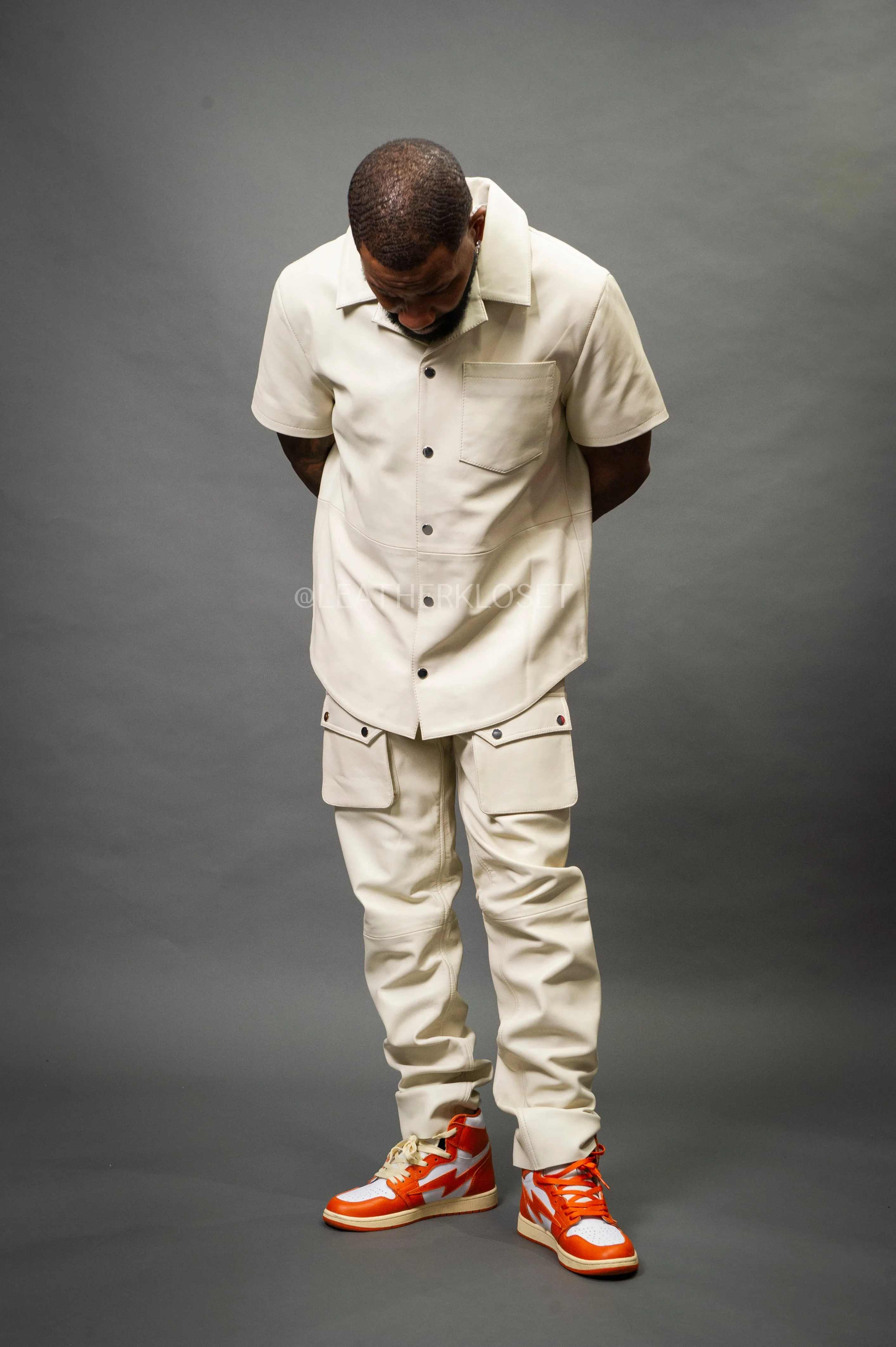 Men's Luka Leather Short Sleeve Shirt And Cargo Pants Set [Beige]